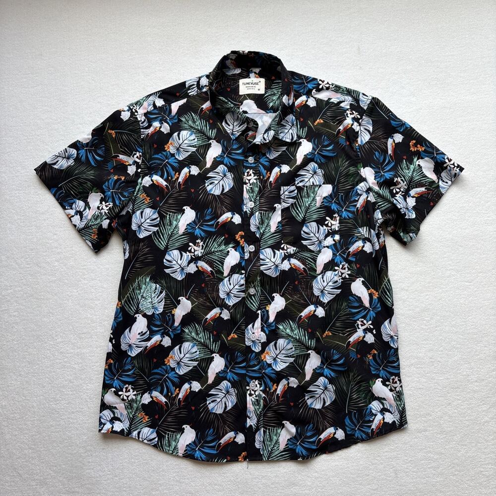Tunevuse Tropical Bird Print Button Down Shirt Mens Size Medium Black Floral - Picture 1 of 12